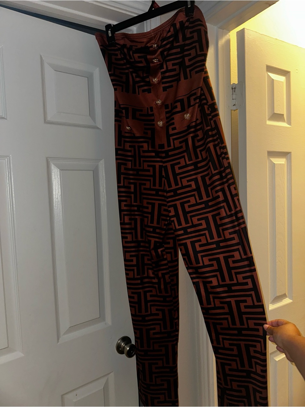 High-Waist Geometric Print Jumpsuit in Rust and Black